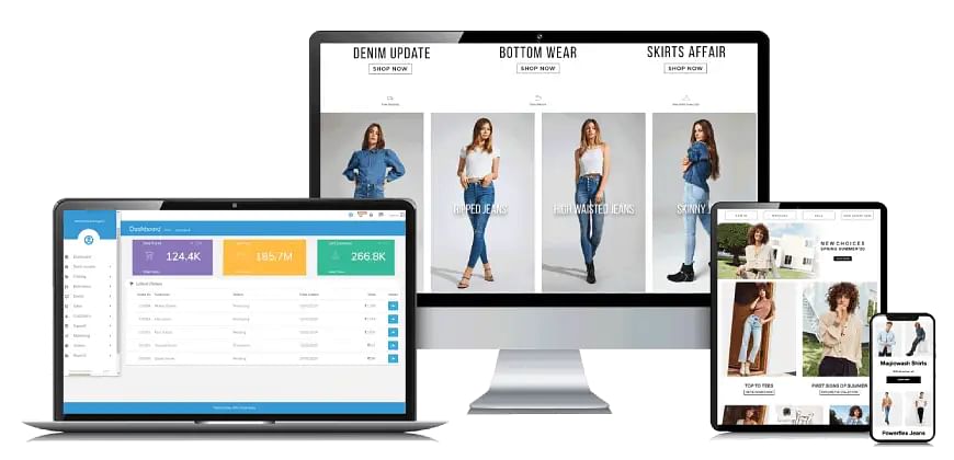 E-commerce sites opened in desktop and mobile with dashboard